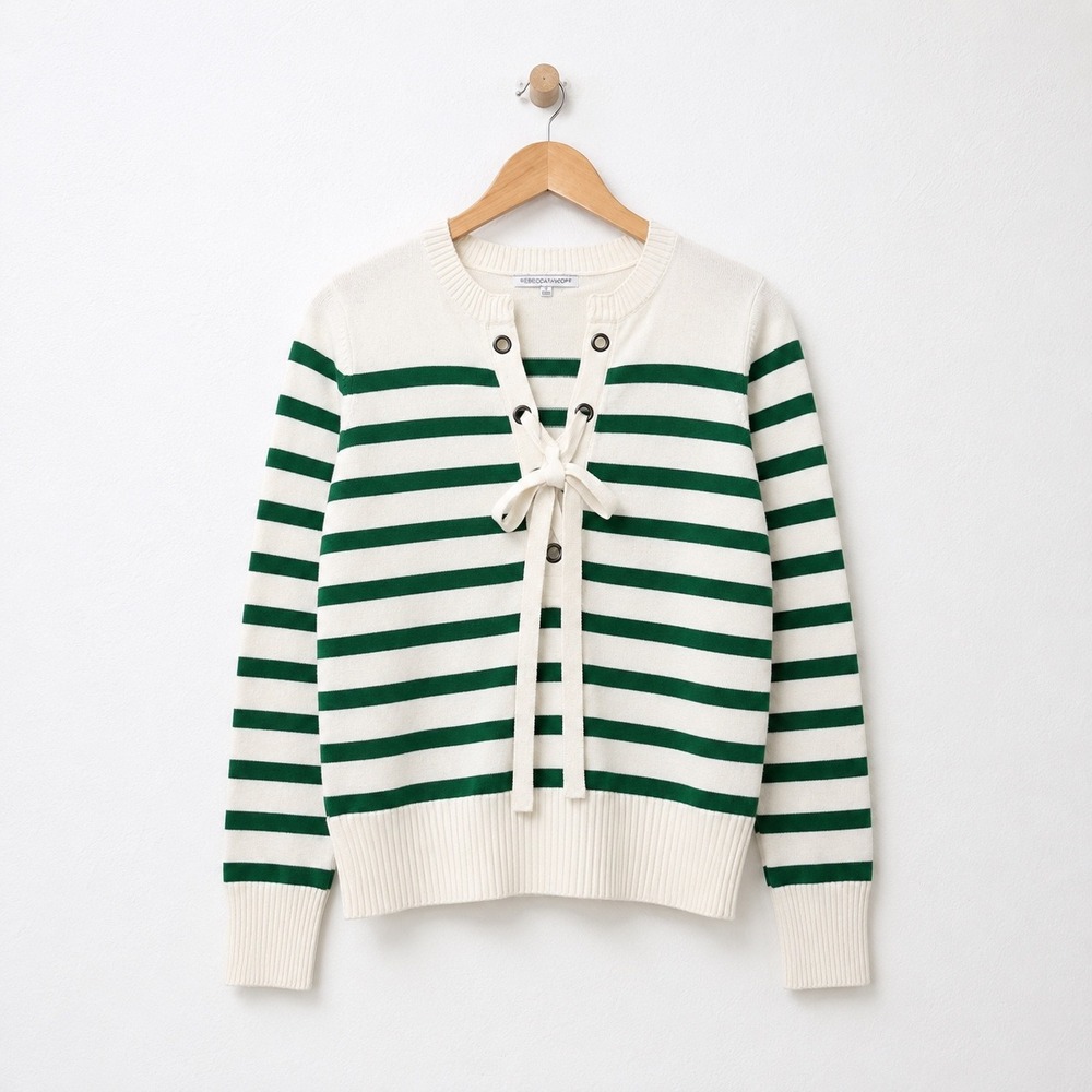 ⁠Rebecca Minkoff Striped Cashmere Silk Lace Up Top Nautical Preppy Coastal S⁠